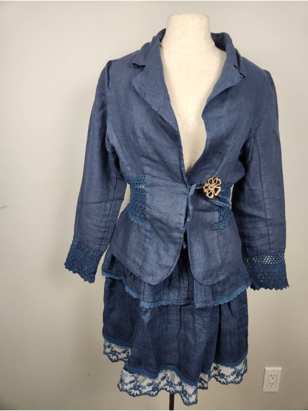 100% Linen Skirt suit Set open knit Crochet lace cruise beach resort summer M